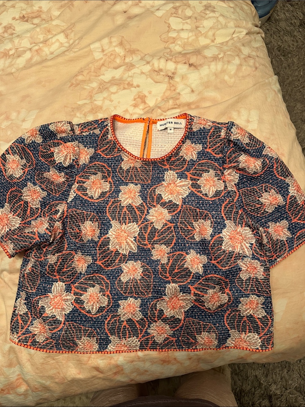 HUNTER BELL Navy Floral Crochet Crop Top with Coral Trim
